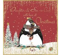 rush designs Daughter and Son-in-Law Christmas Card - Snowy Penguin Cuddle with a Foil Finish and Handcrafted Sequin Embellishments - Eco-Friendly and Recyclable