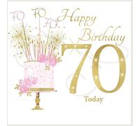 rush designs Female 70th Milestone Birthday Card - Age 70 - Pink Floral Celebration Cake with Foil and Embellishments - Eco-Friendly and Recyclable