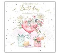 rush designs Female Birthday Card - Happy Birthday Card with Floral Cocktail and Presents Design and a Foil Finish with Embellishments - for Women