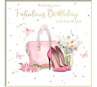 rush designs Female Birthday Card - Happy Birthday Card with High Heels, Butterflies and Flowers Design with Foil and Embellished Details - for Women