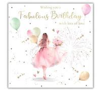 rush designs Female Birthday Card - Happy Birthday Card with Party Dress and Balloons Design and a Foil Finish with Embellishments - for Women or Girls