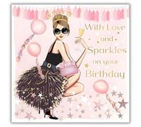 rush designs Female Birthday Card - Happy Birthday Card with Stylish Party Dress Design with Flitter and Embellished Details - for Women
