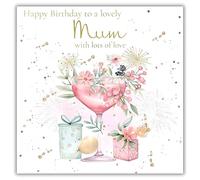 rush designs Lovely Mum Birthday Card - Happy Birthday Card with Floral Cocktail and Presents Design and a Foil Finish with Embellishments - for Women