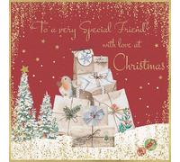 rush designs Very Special Friend Christmas Card - Robin with Wrapped Presents and Handcrafted Foil Embellished Details - Eco-Friendly and Recyclable