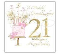 rush designs Wonderful Granddaughter Age 21 Milestone Large Birthday Card - 21st - Floral Cake and Sparkling Candles with Foiled Flitter Handcrafted Gem Finish - Eco-Friendly