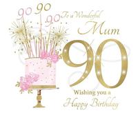 rush designs Wonderful Mum Age 90 Milestone Large Birthday Card - 90th - Floral Cake and Sparkling Candles with Foiled Flitter Handcrafted Gem Finish - Eco-Friendly