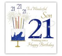 rush designs Wonderful Son 21st Milestone Large Birthday Card - Age 21 - Birthday Cake and Sparkling Candles with Foiled Flitter Handcrafted Gem Finish - Eco-Friendly
