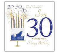 rush designs Wonderful Son 30th Milestone Large Birthday Card - Age 30 - Birthday Cake and Sparkling Candles with Foiled Flitter Handcrafted Gem Finish - Eco-Friendly