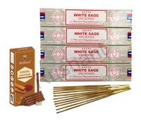 Rushant Sandal Saffron Dhoop Sticks with Satya White Sage Incense Sticks - 15g x 4 Packs | Original Satya Agarbatti Combo for Meditation, Yoga, Relaxation, Pooja & Aromatherapy