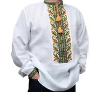 rushnichok Ukrainian Vyshyvanka for Men Linen Shirt Handmade Embroidery White with Green Oak Leaves, White With Green Oak Leaves, XL