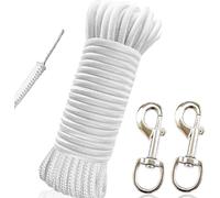 RUSON 50 Feet 1/4 Inch Wire Center Flag Pole Rope and Clips Kit, White Braided Polyester Halyard Steel Center Flag Rope with 2 Pcs 3.5" Flag Swivel Snap Hooks