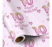 RUSPEPA 10th Birthday Wrapping Paper Girls, Hearts and Pink Number 10 Balloons Happy Birthday Design, Mini Roll, 43.2cm x 5m
