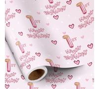 RUSPEPA 1st Birthday Wrapping Paper Girls, Hearts and Pink Number 1 Balloons Happy Birthday Design, Mini Roll, 43.2cm x 5m