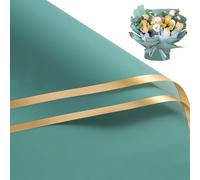 RUSPEPA 20 Sheets Flower Wrapping Paper - 57x57cm Gold Edge Waterproof Floral Bouquet Packing Paper - Florist Supplies Packaging for Birthday, Wedding and DIY Crafts - Green