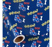 RUSPEPA 4th Birthday Boy Wrapping Paper Roll, Mini Roll, Blue Puppy Paw Print & Bone Design, Dog Theme Gift Wrap for Kids, Boys, Toddler Birthday Celebration, 43.2cm x 5m