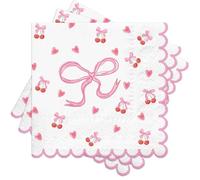 RUSPEPA 50-Piece Cherry Bow Paper Napkins - 3-Ply, Pink Bow, Heart & Cherry Design with Scalloped Edge, Romantic Disposable Cocktail Napkins for Valentine’s Day, Wedding, 12.7x12.7cm
