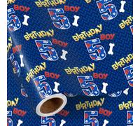 RUSPEPA 5th Birthday Boy Wrapping Paper Roll, Mini Roll, Blue Puppy Paw Print & Bone Design, Dog Theme Gift Wrap for Kids, Boys, Toddler Birthday Celebration, 43.2cm x 5m