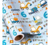 RUSPEPA 6th Birthday Wrapping Paper for Boy - Mini Roll - Blue Cartoon Cars Trucks and "Happy Birthday" Text Pattern- 43.2cm x 5m - 6 Years Old