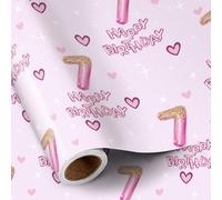 RUSPEPA 7th Birthday Wrapping Paper Girls, Hearts and Pink Number 7 Balloons Happy Birthday Design, Mini Roll, 43.2cm x 5m