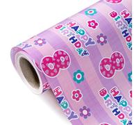 RUSPEPA 8th Birthday Wrapping Paper - 43.2cm x 10m - Pink Happy Birthday with Floral Design for Birthday, Party