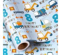 RUSPEPA 8th Birthday Wrapping Paper for Boy - Mini Roll - Blue Cartoon Cars Trucks and "Happy Birthday" Text Pattern- 43.2cm x 5m - 8 Years Old