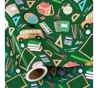 RUSPEPA Back to School Wrapping Paper Roll, Mini Roll, Classic Green School Supplies with Bus, Book, Globe, Chalkboard Gift Wrap for Kids, Student, Teacher, First Day of School, 43.2cm x 5m