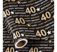 RUSPEPA Birthday Wrapping Paper Mini Roll - 40 Gift Wrap With Black and Gold Star Pattern for 40th Birthday, Party or Any Celebrations - 43.2cm x 5m