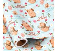 RUSPEPA Birthday Wrapping Paper Roll for Girls Boys, Mini Roll, Cute Capybara "Capy Birthday" Design with Balloon, Flower and Gift, Gift Wrap for Kids Party, Animal Party, 43.2cm x 5m