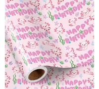 RUSPEPA Birthday Wrapping Paper Roll for Girls, Mini Roll, Cute Axolotl and Underwater Design with "Happy Birthday" Text, Pink Gift Wrap Perfect for Kids Theme Party, 43.2cm x 5m