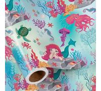 RUSPEPA Birthday Wrapping Paper Roll for Girls, Mini Roll, Dreamy Under the Sea Mermaid and Sea Creatures Design, Cute Ocean Gift Wrap for Kids Birthday Party, Baby Shower, 43.2cm x 5m