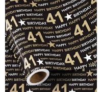 RUSPEPA Birthday Wrapping Paper Roll for Men Women - Mini Roll - 41 Happy Birthday Gift Paper, Black and Gold Star Wrap Paper for 41st Birthday, Party or Any Celebrations - 43.2cm x 5m