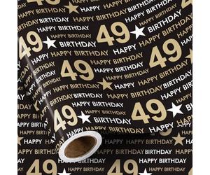 RUSPEPA Birthday Wrapping Paper Roll for Men Women - Mini Roll - 49 Happy Birthday Gift Paper, Black and Gold Star Wrap Paper for 49th Birthday, Party or Any Celebrations - 43.2cm x 5m