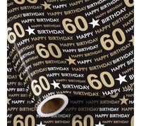 RUSPEPA Birthday Wrapping Paper Roll for Men Women - Mini Roll Gift Wrap With Black and Gold Star Design - 60th Celebration - 43.2cm x 5m