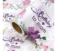 RUSPEPA Birthday Wrapping Paper Roll for Mom - Mini Roll - 43.2cm x 5m - Happy Birthday to Mom Lettering with Purple Flower Design