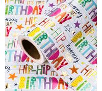 RUSPEPA Birthday Wrapping Paper Roll - Mini Roll - 43.2cm x 5m - Gold Foil Wrapping Paper with Colorful Hip-Hip Hooray Birthday Design with for Kids Boys Girls, Baby Shower, Party