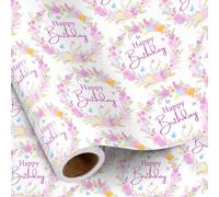 RUSPEPA Birthday Wrapping Paper Roll, Mini Roll, Floral Wreath and Happy Birthday Text Design, Pastel Watercolor Gift Wrap for Women, Kids, Girls, Sisters and Friends, 43.2cm x 5m