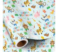 RUSPEPA Birthday Wrapping Paper Roll, Mini Roll, Jungle Animal Party Theme with Giraffe, Monkey, Bunny and "Happy Birthday" Lettering Gift Wrap for Boys Girls Party, 43.2cm x 5m
