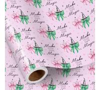 RUSPEPA Bow Christmas Wrapping Paper Roll for Girls, Mini Roll, Pink Green Bow Design with Witch Hat, Stars and "Make Your Own Magic", Wicked Gift Wrap for Christmas, 43.2cm x 5m