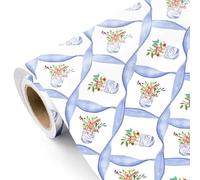 RUSPEPA Chinoiserie Christmas Wrapping Paper - Mini Roll - 43.2cm x 5m - Blue and White Vase with Red Berries & Lattice Ribbon Chinoiserie Wrapping Paper for Christmas, Winter Season