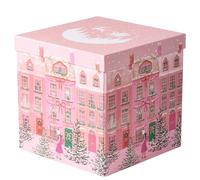 RUSPEPA Christmas Box with Lid, Pink Holiday Townhouse Design with Santa Sleigh Lid, Medium Collapsible Holiday Box with Ribbon, Tissue Paper for Gift Wrapping, Candy Storage, 23x23x23cm, 1 Pcs