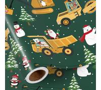 RUSPEPA Christmas Car Wrapping Paper Roll for Boys, Mini Roll, Construction Truck, Santa Claus, Snowman, Penguin and Bear Design, Green Gift Wrap for Kids Party, 43.2cm x 5m