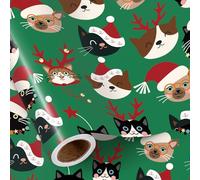 RUSPEPA Christmas Cat Wrapping Paper Roll for Boys Girls, Mini Roll, Adorable Santa and Reindeer Cat Faces Design, Green Gift Wrap for Pet Lovers and Kids Gifts, Party, 43.2cm x 5m