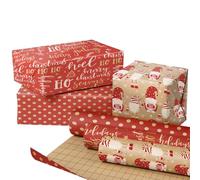 RUSPEPA Christmas Kraft Wrapping Paper Roll - 43.2cm x 3m per Roll, Total of 3 Rolls - Red Gnome, Text and Dot