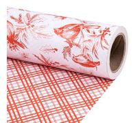 RUSPEPA Christmas Reversible Wrapping Paper Roll, Mini Roll, Vintage Red Botanical Bird and Pinecone Design, Red White Plaid Pattern Gift Wrap Paper for Elegant Gifts, 43.2cm x 10m