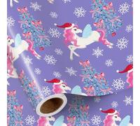 RUSPEPA Christmas Unicorn Wrapping Paper Roll for Girls, Mini Roll, Flying Unicorn with Christmas Tree and Snowflakes Design, Dreamy Purple Gift Wrap for Kids Party, 43.2cm x 5m