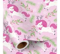 RUSPEPA Christmas Unicorn Wrapping Paper Roll for Girls, Mini Roll, Pink Unicorn with Antler and Holly Design, Pink Pony Gift Wrap Paper for Kids Gifts, Birthday Party, 43.2cm x 5m