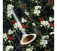RUSPEPA Christmas Wrapping Paper - Mini Roll - 43.2cm x 10m - White Floral Wrapping Paper with Green Leaves and Red Berries for Xmas, Party Celebration
