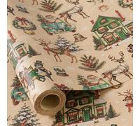 RUSPEPA Christmas Wrapping Paper Roll for Boys Girls, Mini Roll, Vintage Christmas Scene Design with Santa, Reindeer, Snowman, House, Kraft Gift Wrap for, Winter Party, 43.2cm x 5m