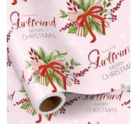 RUSPEPA Christmas Wrapping Paper Roll for Girlfriend, Mini Roll, To a Lovely Girlfriend Design with Holiday Bow, Berries and Snowflakes, Pink Romantic Gift Wrap for Her, Women, 43.2cm x 5m
