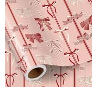 RUSPEPA Christmas Wrapping Paper Roll for Girls, Mini Roll, Red and Cream Bow with Stripe Design, Pink Gift Wrap for Kids Christmas, Birthday Party, 43.2cm x 5m